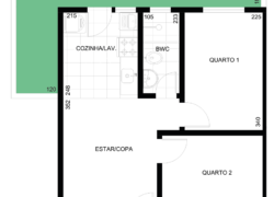 2 quartos, 1 banheiro e 1 garden em L